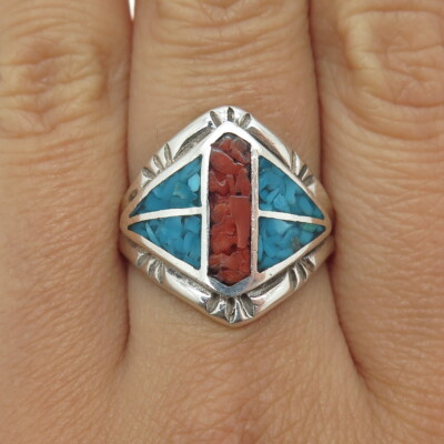 Nostalgic Vintage Native American Navajo Turquoise Coral Sterling Silver Inlay Ring Nostalgic Vintage Native American Navajo Turquoise Coral Sterling Silver Inlay Ring