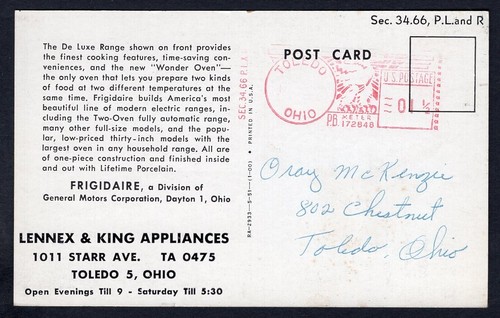 USA Toledo Ohio 1951 Meter Cancel on Frigidaire Range ADVERTISING Postcard - Picture 2 of 3