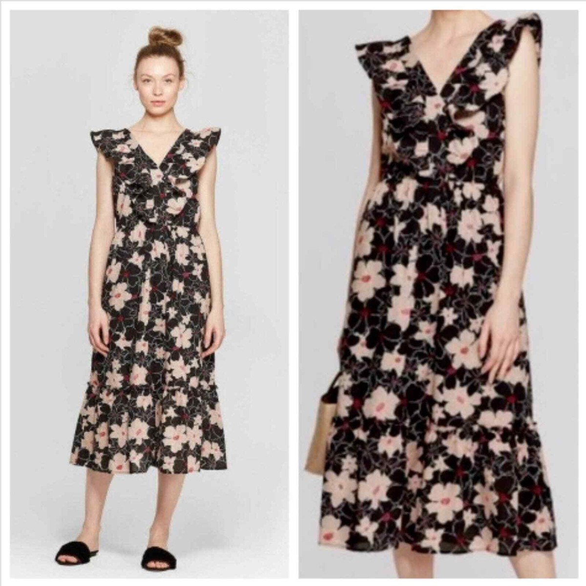 Who What Wear Ruffle Fall Floral Tribeca Midi Dress XS