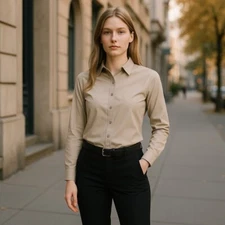 Chestnut Hill Women's Pima Cotton Button-Down Shirt - Stone - Size Medium