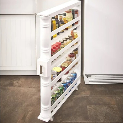Slim Wooden Rolling Spice Can Rack Cart Space Saver Storage Kitchen Organizer