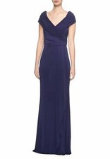 La Femme Navy Blue Ruched Off The Shoulder Jersey Column Gown Size 12 458
