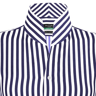 Men's High Band One Piece Collar Shirt Navy Blue White Stripe Open V Stiff  Neck | eBay