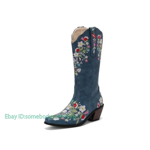 Womens Chunky Heels Floral Mid Calf Boots Round Toe Pull On Western Riding Shoes - Picture 2 of 20