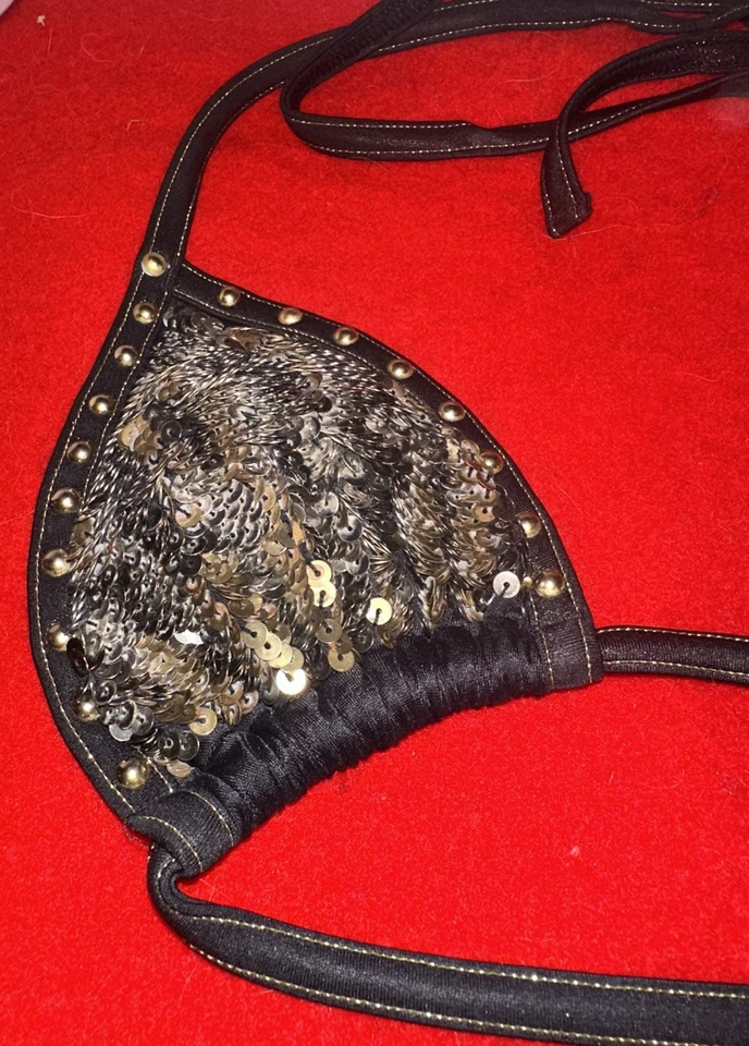 Rare Victoria's Secret Black & Gold Sequin Studded Bikini Swimsuit Top Small - Image 2 of 4