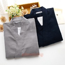 Men 3/4 Sleeve Japanese Kimono Pajamas Soft Sleepwear Gauze Cotton Top Pants Set