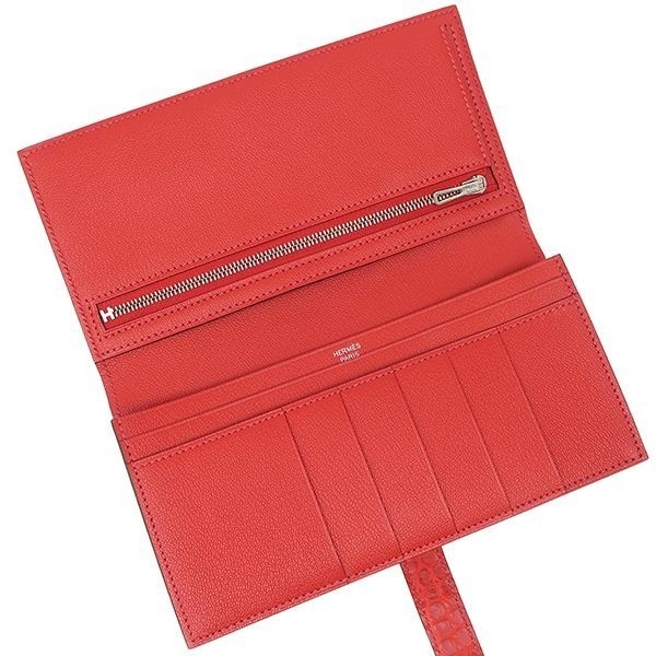 HERMES Bearn Soufflé Long Wallet, Geranium Croco Leather, Bi-fold, Matte □P image 7