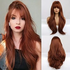 Women Auburn Red Brown Long Soft Wavy Wig Full Bangs Face Framing Fashion Daily