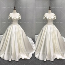 White Ivory Satin Wedding Dresses With Sweep Train Off The Shoulder Bridal Gown