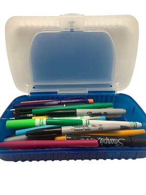Pens & Markers Set In Blue Plastic Storage Case