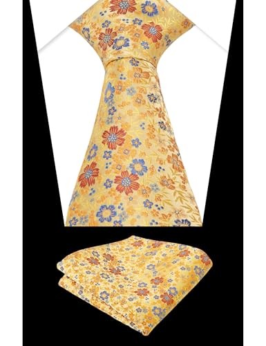 Mens Floral Necktie with Pocket Square for Wedding Party Tie 129-yellow Orange - Bild 4 von 5