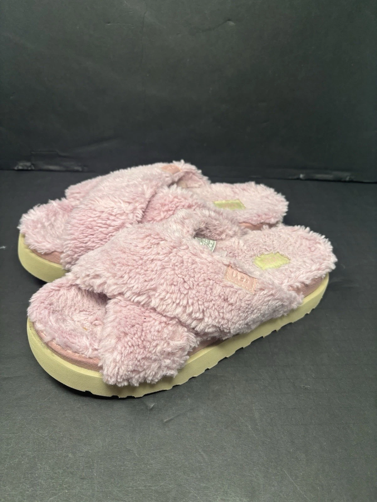 SANDALI PANTOFOLE UGG ROSA FUZZ ZUCCHERO CROCE SLIDE LANA PELLICCIA ECOLOGICA Taglia 10