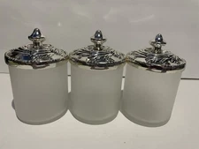 3pc Vanity Storage Jars Frosted White Glass and Decorative Metal Lids 