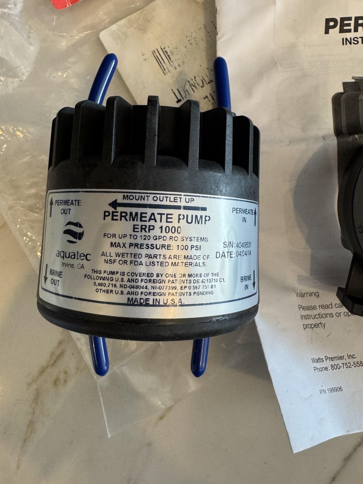 Watts Premier Aquatec ERP-1000 Permeate Pump for Reverse Osm