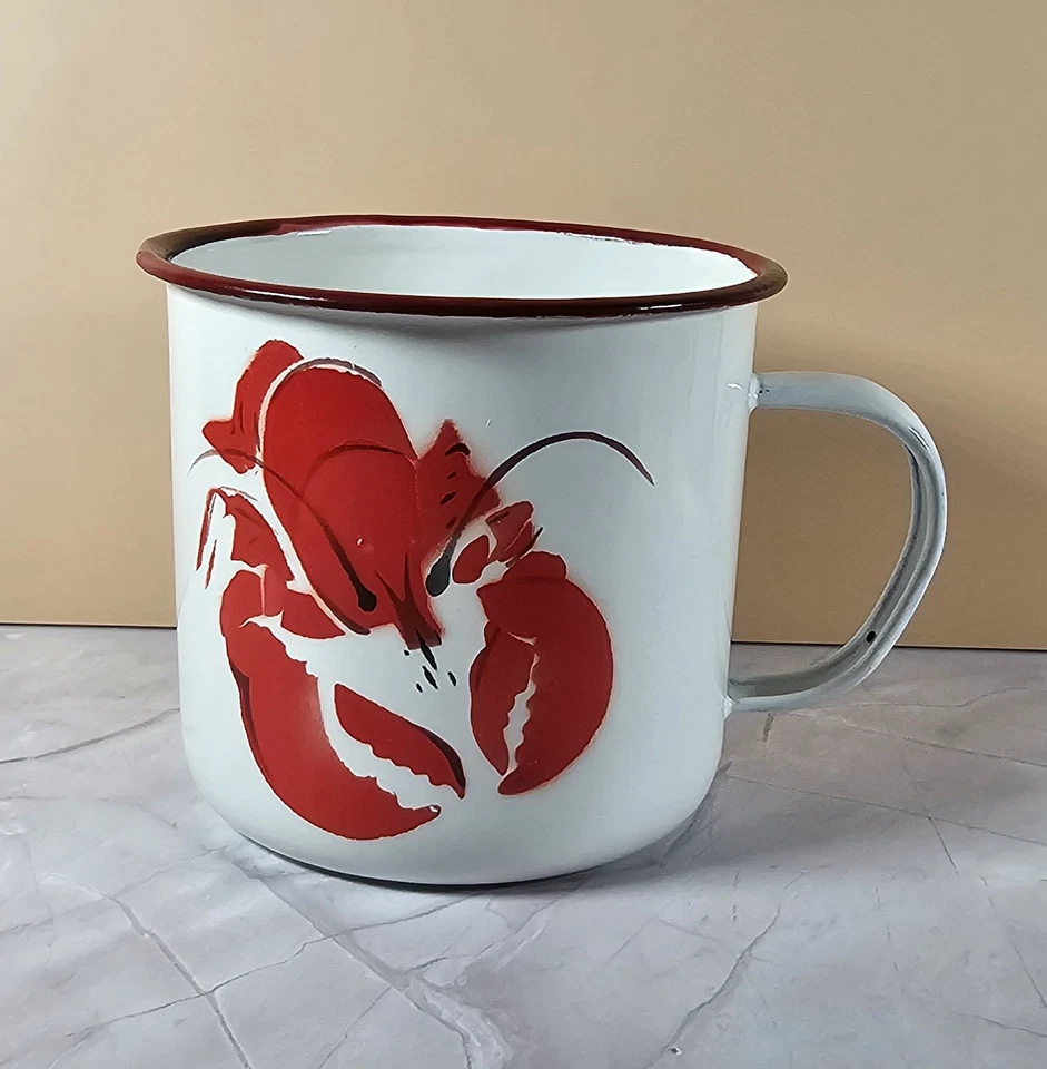 Conjunto de 4 canecas de acampamento lagosta esmaltadas com alça 16 oz HP acabamento branco vermelho - Imagem 2 de 4