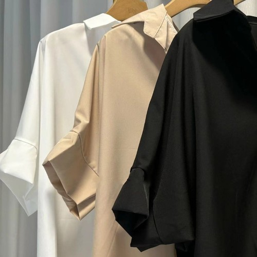 Loose batsleeved collar womens short sleeved shirt in solid colors for summer - Picture 4 of 17
