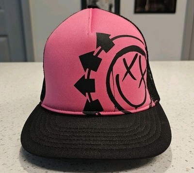 Blink-182 Trucker Hat Pink Black Smiley Face Arrow Graphic Snapback Mesh Cap