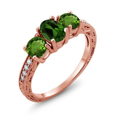 1.82 Ct Oval Green Chrome Diopside 18K Rose Gold Plated Silver Moissanite Ring