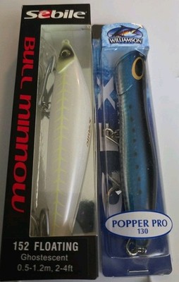 Lot of 2- Williamson Popper Blu Sardine 1.25oz & Sebile Bull Minnow Wht 2oz Lure
