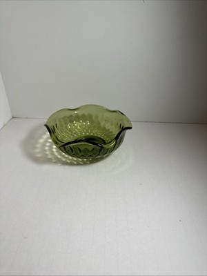 Avocado Green Indiana Glass Salad Bowl with Ruffle Edge Diamond Pattern Vintage