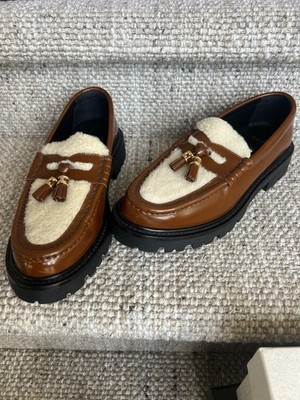 Celine Margaret Triomphe Tan Leather Shearling Loafers with Tassel 38