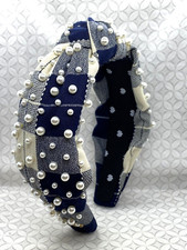 Lele Sadoughi Plaid Pearl Knotted Headband Navy Blue