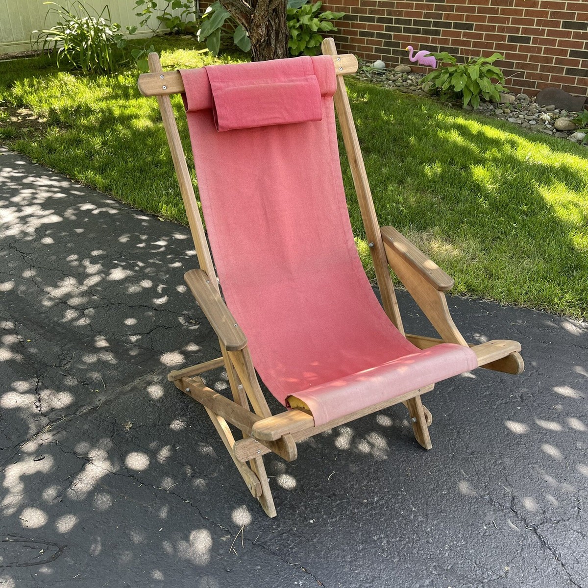 Vintage Beach Sling Chair Wood & Canvas Deck Beach Pool
