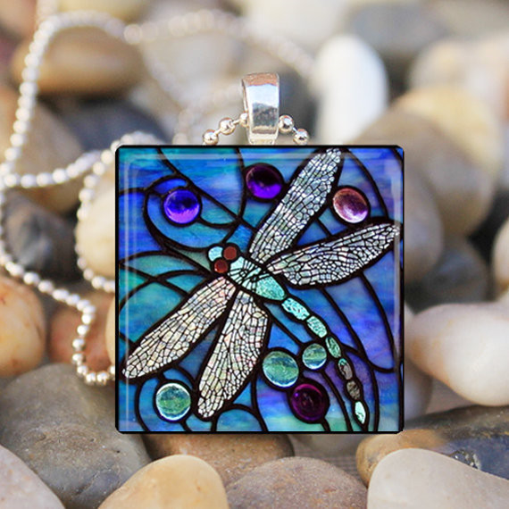 BLUE DRAGONFLY Insect Spring Garden Glass Tile Pendant Necklace Silver Jewelry