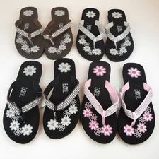 Women's Flower Print w/ Rhinestones Look Flip Flops Sandals Shoes Sizes 6-11 New