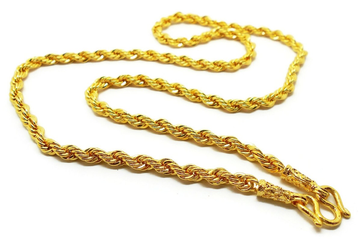 Collier Chaîne Tresse Plaqué Or 24K – 24 Pouces, Style Baht Thaïlandais, Fait Main