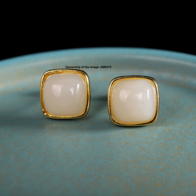 Real Gold Plated 925 Sterling Silver Stud Earrings Natural White Jade 8mm W