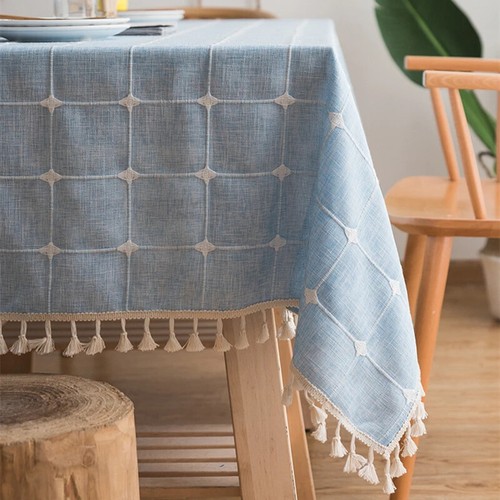 Cotton Linen Tablecloth Blue Stripes Pure Plaid Embroidered Christmas TableCover