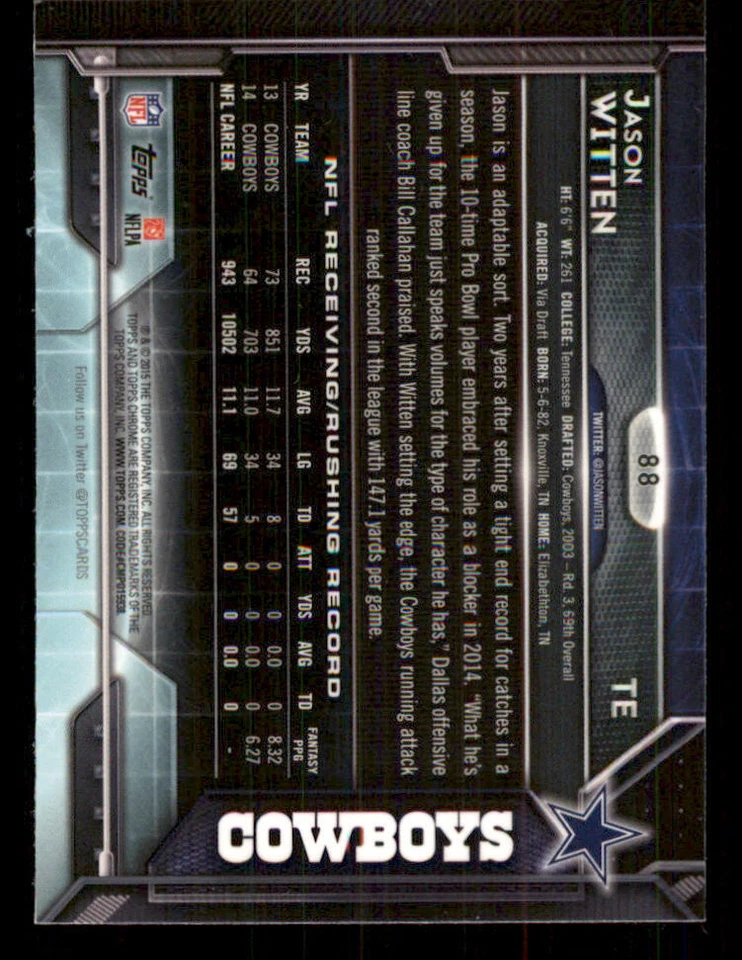 2015 Topps Chrome Mini Diamond Refractors #88 Jason Witten - Image 2 of 2