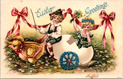 Easter Postcard Little Girl in  Egg Shaped Cart drawn by 2 Chicks, Driven by Boy