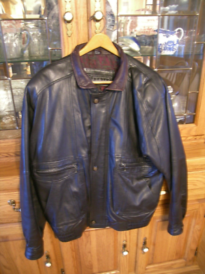 Expressions Worldwide Leather, Black Bomber Jacket with Brown trim 