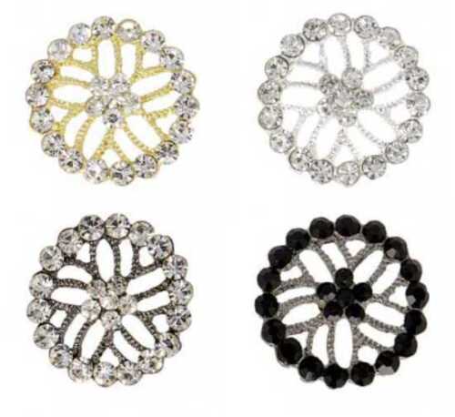 Rhinestone Diamante Metallic Flower Buttons, 20mm Silver, Gold, Pewter, Black - Picture 1 of 10