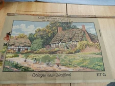 Vintage English COTTAGE SCENE Needlepoint Tapestry Unfinished 23" X 14
