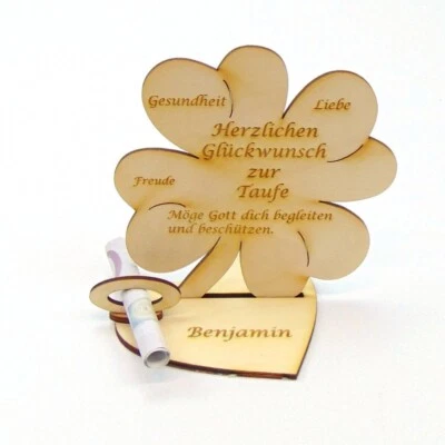 HOLZTEILCHEN KRUKOW Geldgeschenk Zur Taufe Personalisiert Holz 11cm Kleeblatt Taufgeschenk