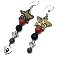I Love My Dog Earrings Heart Paw Natural Jasper Star 925 Sterling Silver Hooks