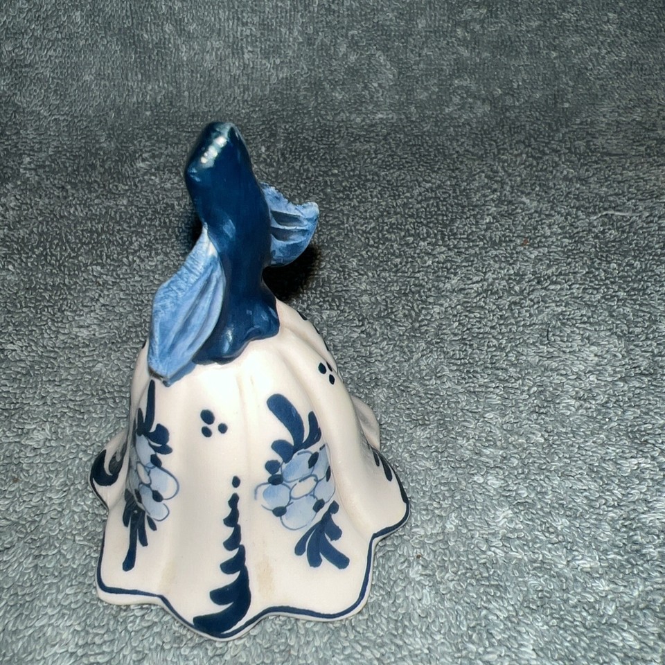 Hand Painted Porcelain Miniature Bell Blue White Flowers Leaf Holland