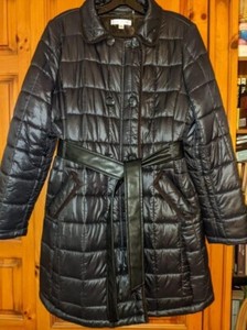 Via Spiga Quilted Puffer Coat Black w/ Belt Faux Fur Lining Medium