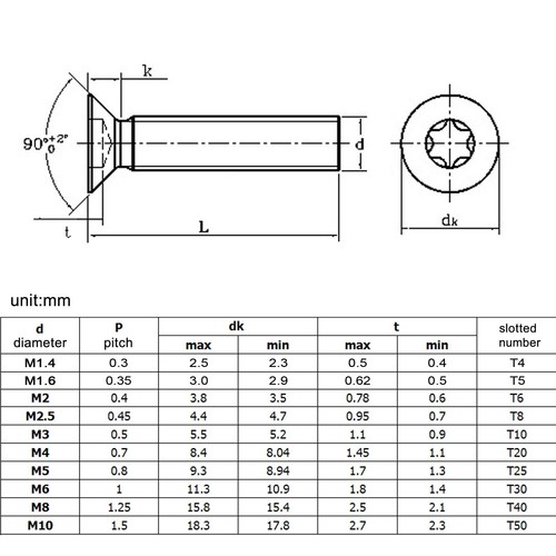 M1.4-M8 Length 3-100mm 304 stainless steel Torx Flat Countersunk Head Screw Bolt - Picture 2 of 6