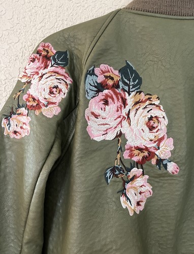 Joe's Olive Green Floral Embroidered Vegan Leather Bomber Jacket Women's Size XS - Picture 6 of 10