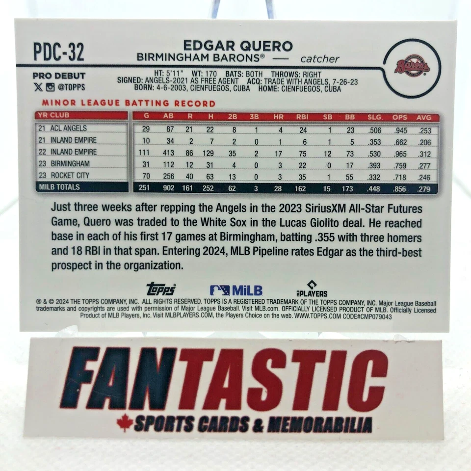 PDC-32 Edgar Quero Birmingham Barons BLUE/150 2024 Topps Pro Debut CHROME - Image 2 of 2