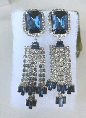Vtg Long Cascade Sapphire Blue & Clear Rhinestone Clip on Drop Dangle Earrings