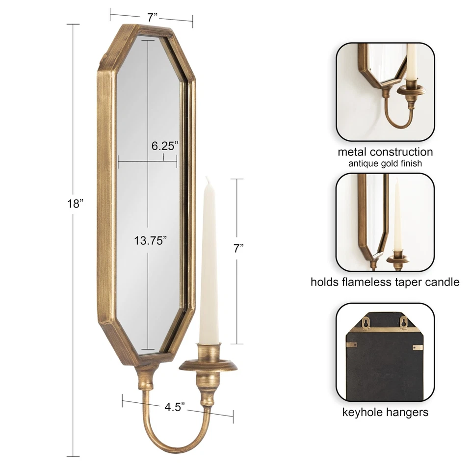 Aplique de pared con espejo Wardelle vintage; 7 x 5 x 18; dorado; antiguo festoneado ca... Foto 2 de 4