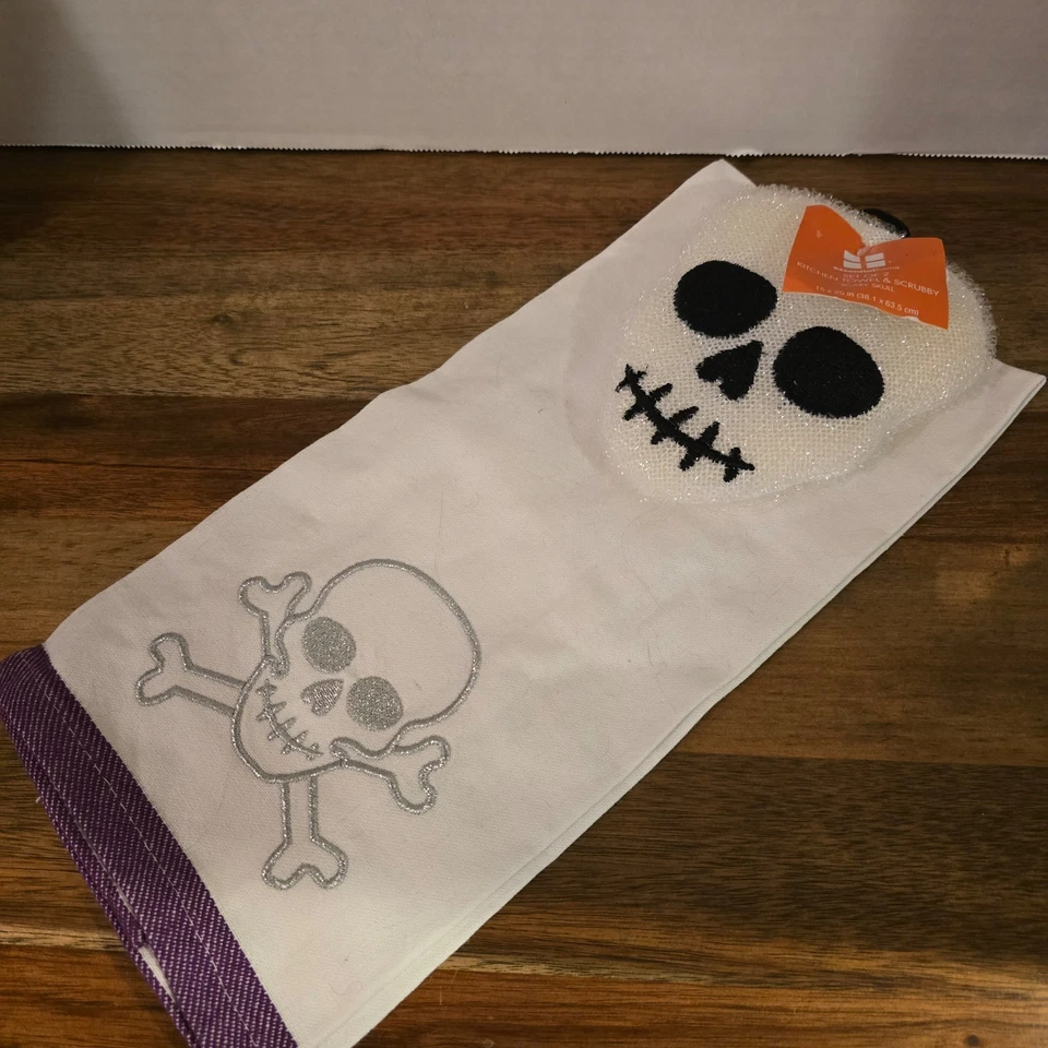 Nuevo con etiquetas Juego de toallas de cocina y exfoliante calavera Halloween esencial hogar vintage Foto 2 de 4