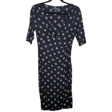 Lauren Ralph Lauren Dress Womens Sz 4 Black Ruched White Diamond Print Faux Wrap