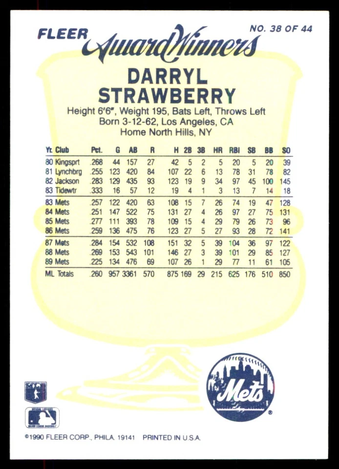 Darryl Strawberry 1990 Fleer Award Winners #38 Mets MLB READ FREE SHIPPING - Image 2 of 2