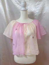 Vintage 1970s Sheer Nylon Bed Jacket Lingerie Nightgown Floral Embroidery Pink